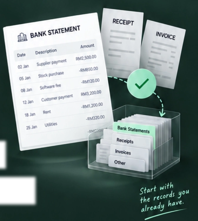 Bank statements, receipts and invoices organized into a clear file holder. Start with the records you already have.