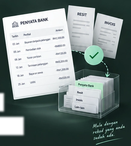 Penyata bank, resit dan invois disusun ke dalam pemegang fail. Mula dengan rekod yang anda sudah ada.